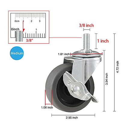 Caster Wheels, 3" Locking Swivel Threaded Stem Casters Set with Brake of 48 - color: Grey, size: Grey-48pack