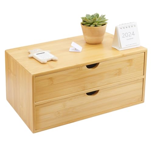 Charmewooden Bamboo Desk Organizer With Drawers Countertop Drawers Counter Storage Box Corner Desk Organizer for Home Office No Assembly Required - color: Natural Color(2 Drawers)