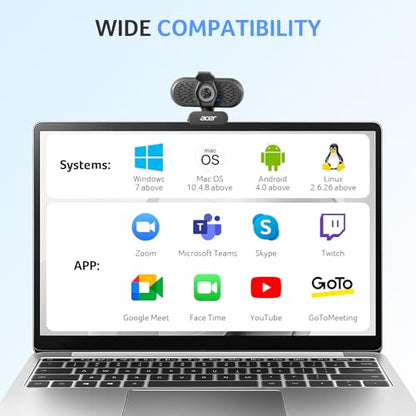Acer A640 4K Webcam with AI Noise Canceling Mic for Streaming Meetings | Sony 1/2.8" Sensor, PDAF Autofocus, 2K 1080P/60fps, A to C Adapter, Computer Camera for switch 2 Camera Teams Zoom Facetime - color: Light Black