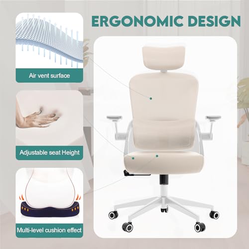 Monhey Ergonomic Office Chair, 90°-125° Tilt Back Home Desk Chair with 360° Swivel & Mute Wheels, High Back Mesh Computer Chair for Adults with Lumbar Support, 330 LBS Capacity (05Khaki) - color: 05khaki