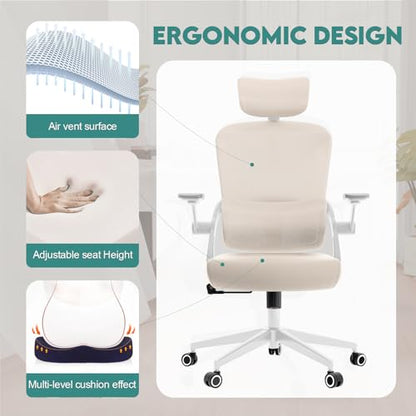Monhey Ergonomic Office Chair, 90°-125° Tilt Back Home Desk Chair with 360° Swivel & Mute Wheels, High Back Mesh Computer Chair for Adults with Lumbar Support, 330 LBS Capacity (05Khaki) - color: 05khaki