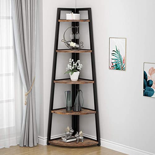 Tribesigns 70 inch Tall Corner Shelf, 5 Tier Rustic Corner Bookshelf Bookcase Industrial Corner Ladder Shelf Plant Stand for Living Room, Kitchen, Home Office (Brown) - color: Brown