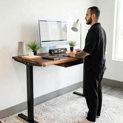 Walnut Standing Desk with Drawer - W60 x D27 Solid Wood Live Edge Adjustable Height Sit Stand Desk - Stable Dual Motor with Memory Presets, Quick Assembly - Stand Up Home Office Table by MWS Studio