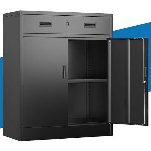 Metal Storage Cabinet, 36" Locking Cabinet with Adjustable Shelves for Garage, Office (Black, 1 Drawer) - color: Black, size: 36"H×28"W×16"D-1Drawer