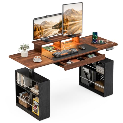 63x24 Inch Electric Standing Desk with Drawer & Power Outlet, Ergonomic Sit Stand Desk with LED Lights, Open Storage Spaces, Monitor Stand, Height Adjustable 28.3-47.2 Inches for Home & Office, Walnut - color: Walnut, size: 63x24Inch
