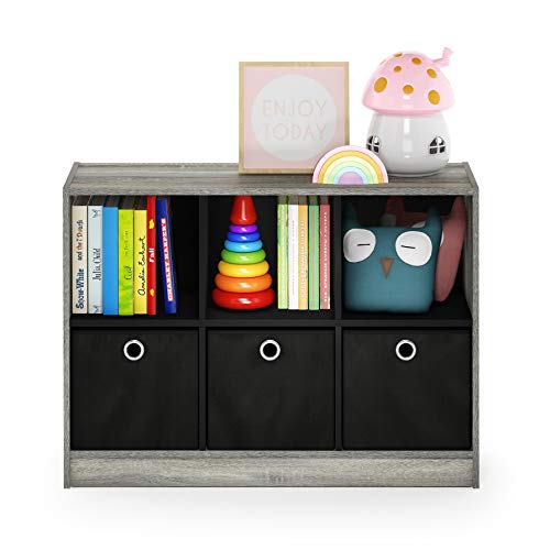 Furinno Basic 6-Cube Book Shelf with Open Shelf, 3 x 2, French Oak - color: French Oak Grey/Black, size: 6-Cube with Bin