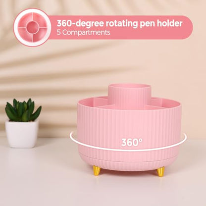SKYDUE Pink Desk Accessories 11Pcs with Rotating Pen Holder for Desk | Included Stapler with Staples, Staple Remover, Tape Dispenser,2pcs Tape Refills, Binder Paper Clips Kit, Scissor, 2pcs Pens - color: Pink