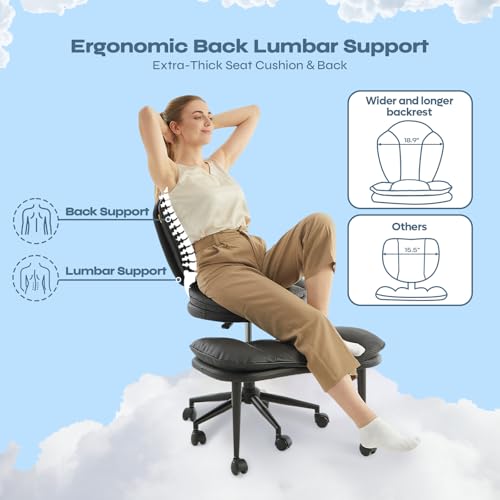 ADHD Cross Legged Office Chair, Swivel Kneeling Meditation Seat | 360° swivel cross-legged chair with reversible seat for ADHD & meditation; adjustable height/depth, plush teddy - color: Black