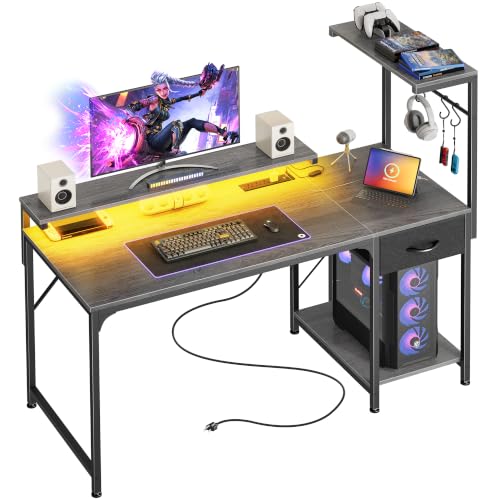 PRAISUN 47.2 Inch Gaming Desk with LED Lights & Power Outlets - color: Grey, size: 47.2 Inch
