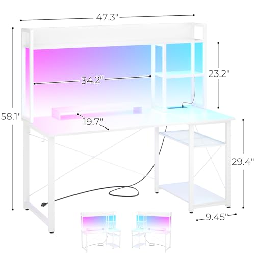 Cyclysio 47'' Gaming Desk with Hutch and Reversible Storage Shelves, White | Home Office Desk with LED Lights & Power Outlets, Computer Desk for Small Space - color: White, size: 47 inch