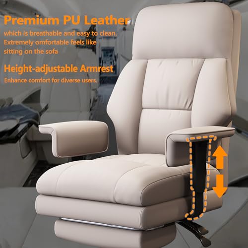 Office Chair with Leg Rest, Leather High Back Executive Office Chair with Wheels, Ergonomic Desk Chairs with Lumbar Support for Home Office, Beige - color: Light Beige