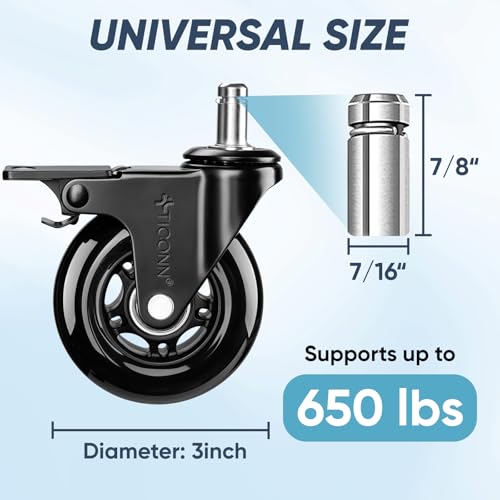 TICONN Office Chair Caster Wheels Set of 5 for Tile, Hardwood Floors and Carpets, Universal Fit for Most Chairs (Black with Brake) - style: Black with Brake
