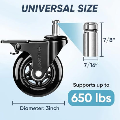 TICONN Office Chair Caster Wheels Set of 5 for Tile, Hardwood Floors and Carpets, Universal Fit for Most Chairs (Black with Brake) - style: Black with Brake