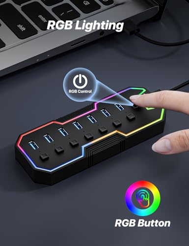 USB Hub 7 Port, RGB LED Strip USB Splitter for Laptop Gaming | USB 3.0 Hub with Individual LED On/Off Switches for Mac, PC, Desktop, Flash Drive, Mobile HDD