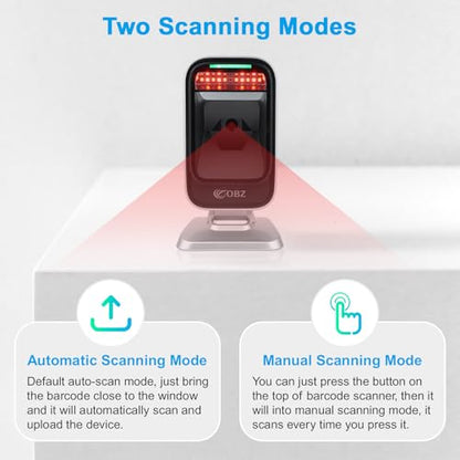 OBZ Barcode Scanner Desktop Hands-Free 1D 2D Omnidirectional QR Reader | Automatic,Adjustable Body,1.8M USB Cable,plug-play,PDF417 Data Matrix Image Sensing for Warehouse,Supermarket,Library,PC,POS - style: CMOS Desktop USB Wired Scanner