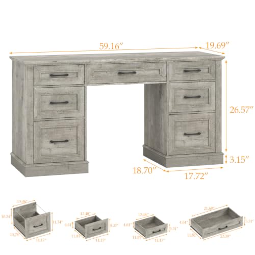 Vabches Farmhouse 59'' Executive Desk with File Drawers, Grey - color: Grey, size: 59" W