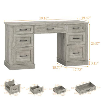 Vabches Farmhouse 59'' Executive Desk with File Drawers, Grey - color: Grey, size: 59" W
