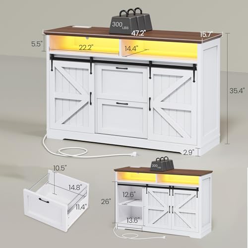 SEDETA 47.2" File Cabinet, 2 Drawers Filing Cabinets for Home Office fit Legal/Letter/A4 File, Farmhouse File Cabinet with Barn Door & Power Outlets, Printer Stand with Storage & LED Lights, White - color: White