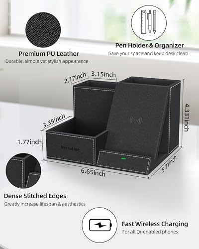 Wireless Charger with Desk Organizer, 3 Compartments and 1 Phone Stand - color: Black