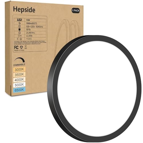 hepside LED Flush Mount Ceiling Light Fixture, 7Inch 15W, Dimmable&3000K/3500K/4000K/5000K/6500K Adjustable Low Profile Ceiling Lights, 1500LM Round Lamp for Bathroom, Closet, Kitchen, Hallway, Black - color: Black, size: 7Inch-1pack