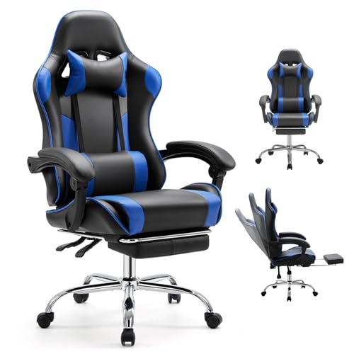 DUMOS Ergonomic Gaming Chair with Footrest, Home Office Desk Chair | PU Leather, Headrest, Linkage Armrests, Height Adjustable, 360 Swivel Reclining, Deep Blue - color: Deep Blue, size: PU Leather 27"D x 25"W x 52"H