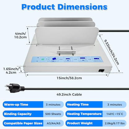 Thermal Binding Machine 500 Sheets Capacity Book Binding Material with 10 Letter Size Envelopes, A3/A4/A5 Document Heat Binder Hot Melt Machine Metal Thermal Binder Contract Document Invoice