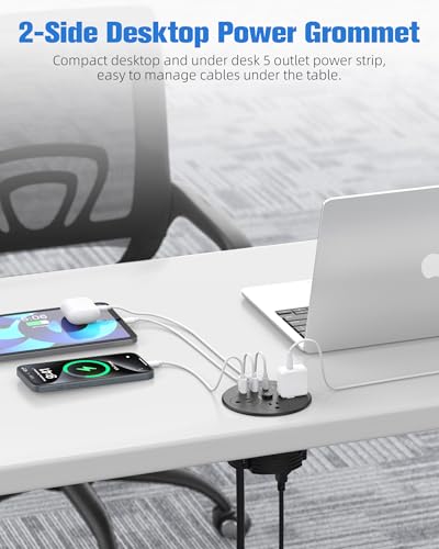 100W USB C Desktop Power Grommet, Double-Side 4 USB 5 Outlets (15Amp) | 4inch Hole Flush-Mount Recessed Power strip for Workspace Essential Desk Outlet Countertop Black - color: Black