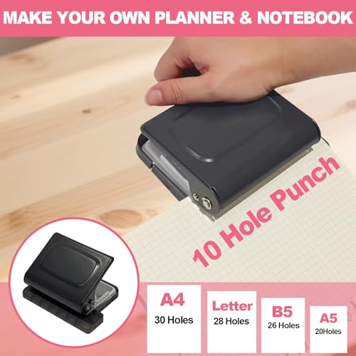 10 Hole Punch Binding Machine for Planner, Manual Binding System with 10 Multi-Color Binder Rings for Making 26 Holes on B5, 30 Holes on A4, 20 Holes on A5 Book, 10 Sheet Capacity - Black - color: Black