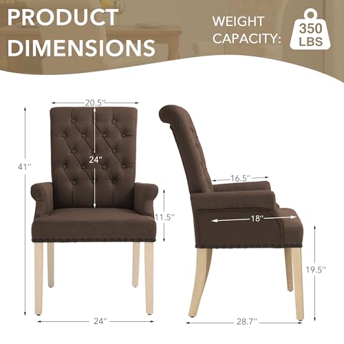 LOULENS Linen Dining Chair with Arms, Tufted Dining Room Chairs, Brown | Solid Wood Legs, Nailhead Trim, Accent Chair, Kitchen Chair - color: Brown-a, size: 1 PCS