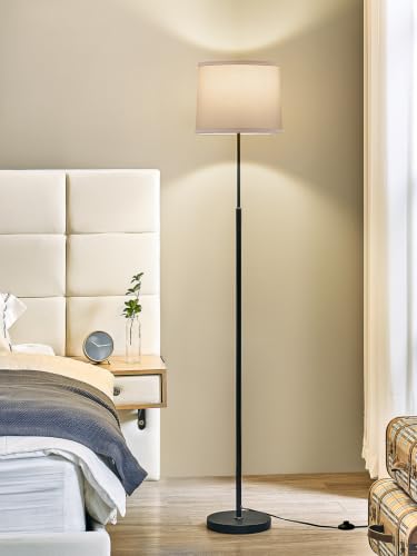 60" Modern Floor Lamp with Linen Shade, 3 Color LED Bulb & Foot Switch - color: Black & White Shade