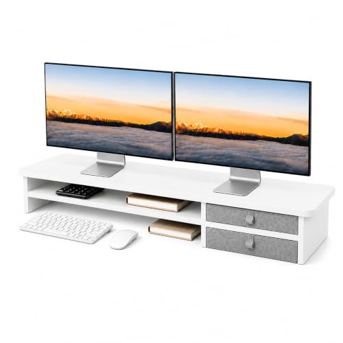 Dual Monitor Stand, 42.5 Inch Wood Monitor Riser with Drawers, 2 Tier Desktop Organizer for Computer Laptop TV, Large Screen Stand for Home Office Desk - color: White