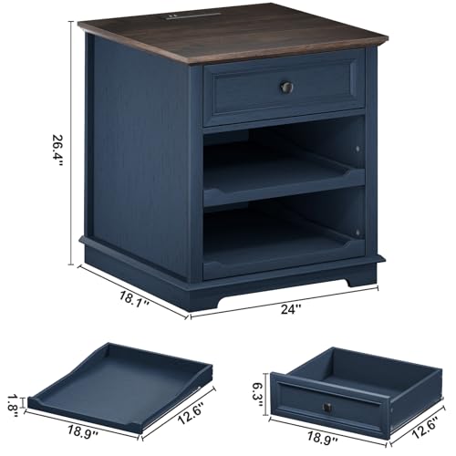 REDAYFUR Lateral File Cabinet 3 Drawer File Cabinet with Charging Station, Printer Stand with Open Adjustable Storage Shelves, Lateral Filing Cabinet for Home Office, Blue - color: Blue