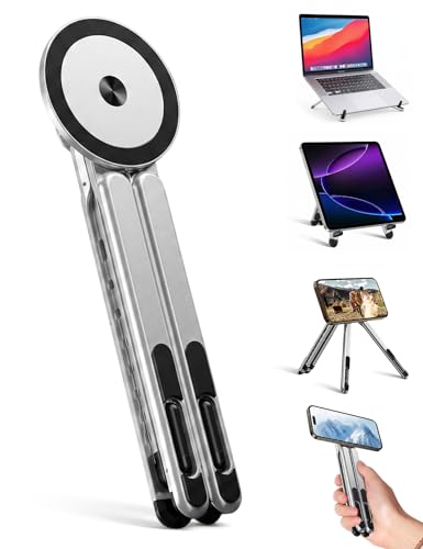 4-in-1 Foldable Laptop Stand & Magnetic Phone Holder, Silver Aerospace Aluminum Portable Desk Mount with N52 MagSafe Compatible Tripod Handle for MacBook Pro, iPad, Travel & Vlogging - color: Silver