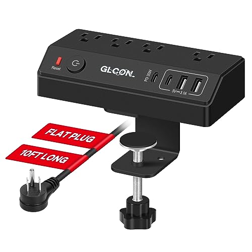 Desk Clamp Power Strip,20W USB C Fast Charging Station | 10FT Extension Cord, 4 AC Outlets 4 USB Ports Charging Station,Surge Protector Extender, Fits 1.8" Tabletop Edge, Black - color: Black