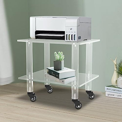 2-Tier Clear Office Rolling Cart Mobile Printer Stand Under Desk Printer Cart Storage Rack, for Storing Printers, Copy Paper, Faxes, Books, Etc