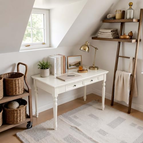 White Writing Desks with Drawers, 47" French Country Style - color: White, size: Standard-47 inches