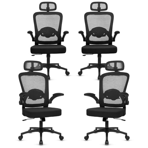 KLASIKA Desk Chairs with Wheels, Ergonomic Mesh Back Home Office Chair with Headrest, Adjustable Lumbar Support Swivel Rolling Computer Chairs with Flip Up Arms for Conference Meeting Room, Black, 4PK - color: Black_villy_headrest, size: 4PK