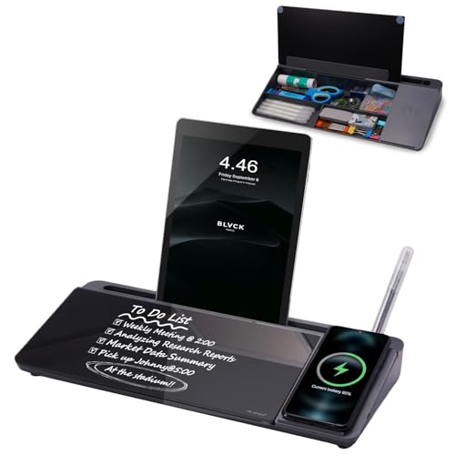 Small Glass Desktop Whiteboard Dry-Erase-Board - Computer Keyboard Stand with Wireless Charger White Board Surface Pad with Drawer, Desk Organizers with Accessories for Office, Home, School Supplies - color: Wireless Charging - Black ＆ Grey