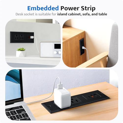 Recessed Power Strip with 20W USB C Port, Fast Charging USB A Port Conference Recessed Outlet, Space-Saver for Furniture Side Table, End Table, Desk Outlet with 6ft Cord, 45° Thin Flat Plug, Black