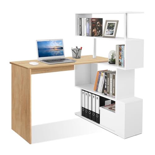 Mondeer 41.7" L-Shaped Desk with 4-Tier Shelves for Home Office - color: White and Wood