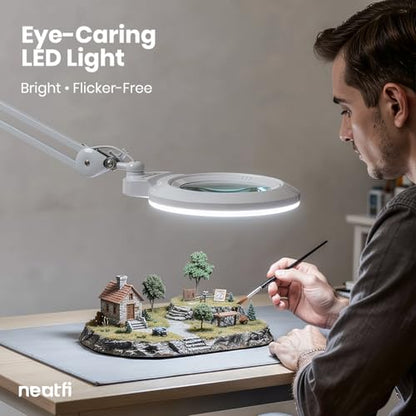 Neatfi XL Bifocal LED Magnifying Lamp, 7” Acrylic Lens, 2.25X/6X Magnification, 1,600 Lumens Dimmable | Hands-Free Close Work | Crafting, Jewelry & Reading (White, 7-inch Lens, Non-CCT with Clamp) - color: White, size: 7-inch Lens, Non-CCT with Clamp
