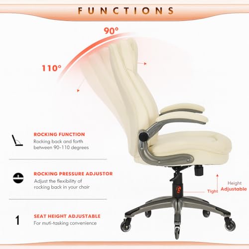 COLAMY Ergonomic High Back Office Chair, Ivory Bonded Leather Executive Desk Chair with Flip-up Arms, Thick Cushion, Silent Nylon Wheels, Adjustable Height & Rocking Function, 300lbs Capacity - color: Iovry White, size: set of 1