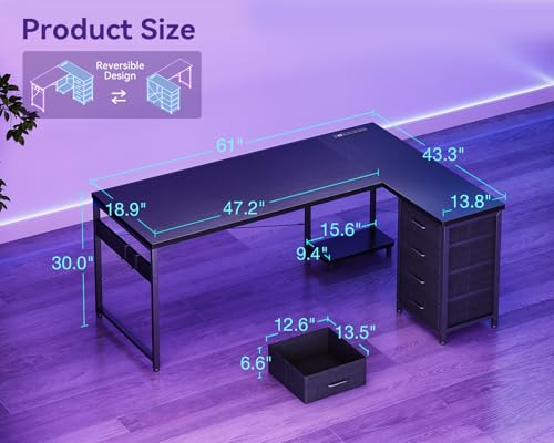 AODK 61" L Shaped Gaming Desk with 4 Drawers and Power Outlets, Black - color: Black, size: 61 Inch