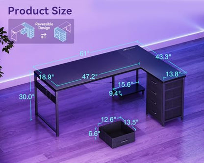 AODK 61" L Shaped Gaming Desk with 4 Drawers and Power Outlets, Black - color: Black, size: 61 Inch