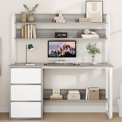 MaverickFurni 55 Inch Computer Desk with Hutch and 3 Drawers, Gray - color: Grey, size: 55"W