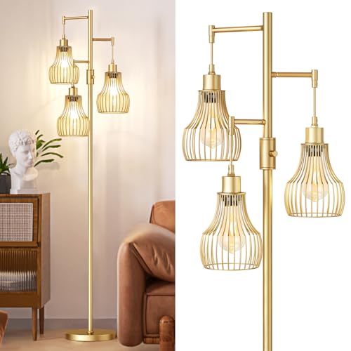 Ziisee Dimmable Gold Floor Lamps for Living Room, 70" Farmhouse Tree Standing Tall Lamps with 3 Elegant Cage Shade & 800 Lumens LED Bulbs for Bedroom Office - color: B-Gold