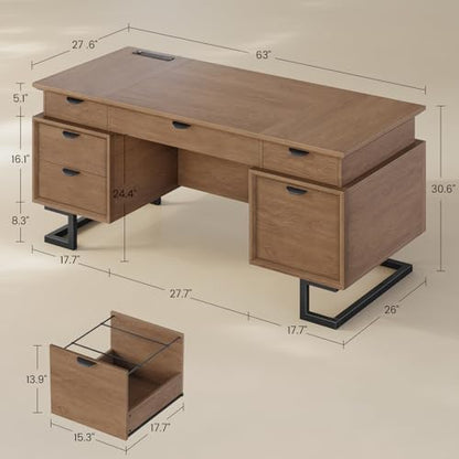63" W x 27.6" D Executive Desk with 2 Cabinets & Power Outlet - color: Wood Grain Brown, size: Geometric Metal Legs