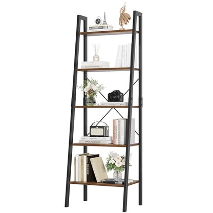 FINETONES 5-Tier Ladder Shelf, Ladder Bookshelf Bookcase with Metal Frame, Plant Rack Display Shelf Accent Furniture for Home Office, Black/Rustic Brown