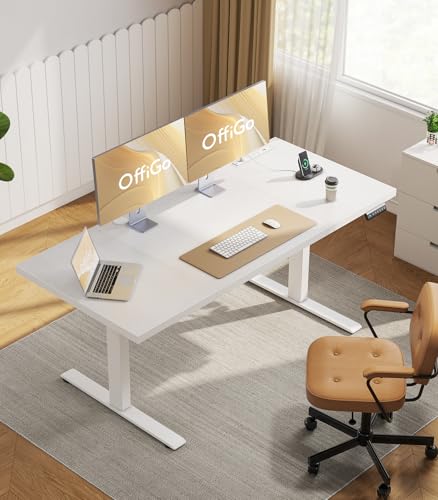 OffiGo 71 Inch Executive Electric Standing Desk Height Adjustable, White | 1.38" Thick 3-Panel Desktop, Power Outlets, 3 Memory Presets, Dual-Beam Frame for Home Office, Workstation, Conference Room - color: White, size: 71 Inch
