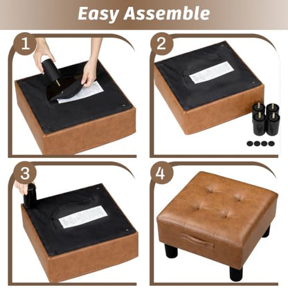 Joveco Small Ottoman Foot Stool,15" Square Upholstered Foot Rest with Legs - color: Caramel Brown